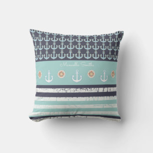 anchors & stripes nautical & personalized blue throw pillow