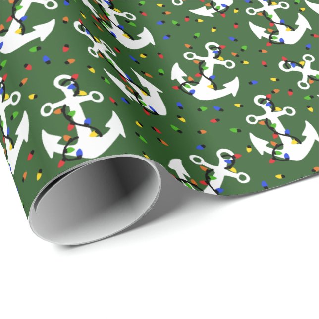 Anchors with Christmas Lights Nautical Wrapping Paper (Roll Corner)