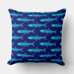 Anchovy Pattern - Cyan and Deep Navy Throw Pillow