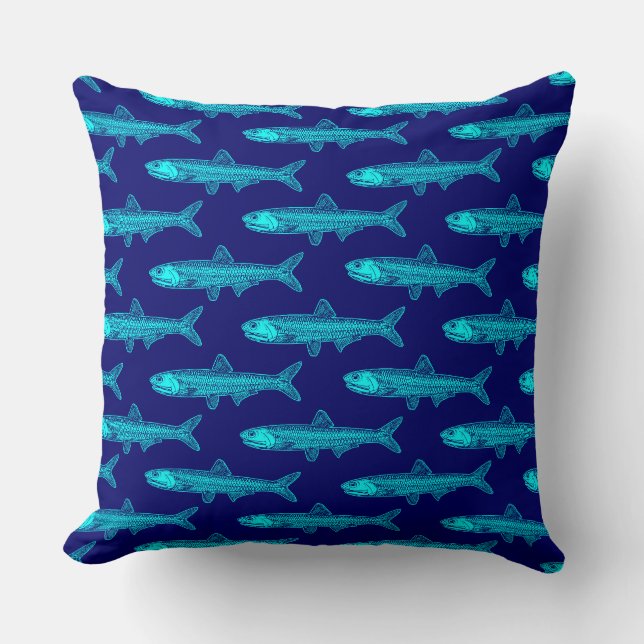 Anchovy Pattern - Cyan and Deep Navy Throw Pillow (Front)
