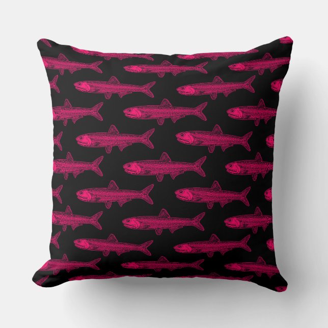Anchovy Pattern - Neon Red and Black Throw Pillow (Front)