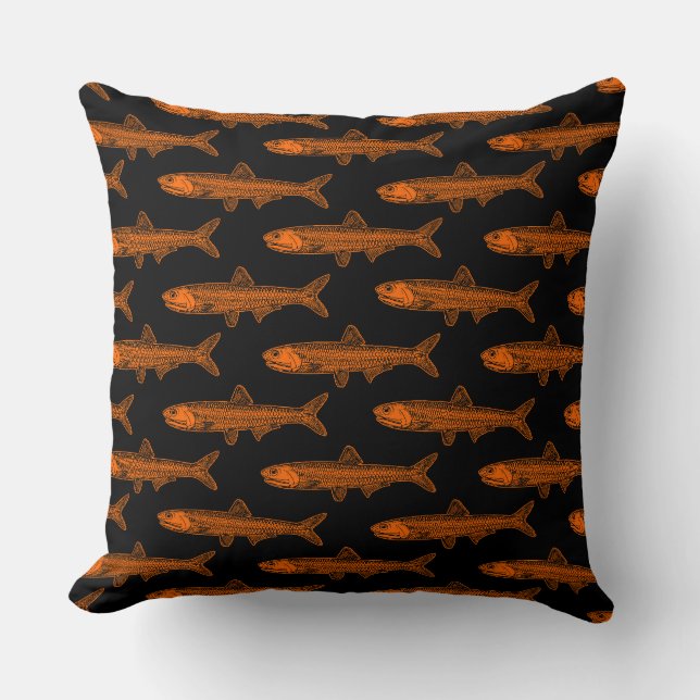 Anchovy Pattern - Orange and Black Throw Pillow (Front)