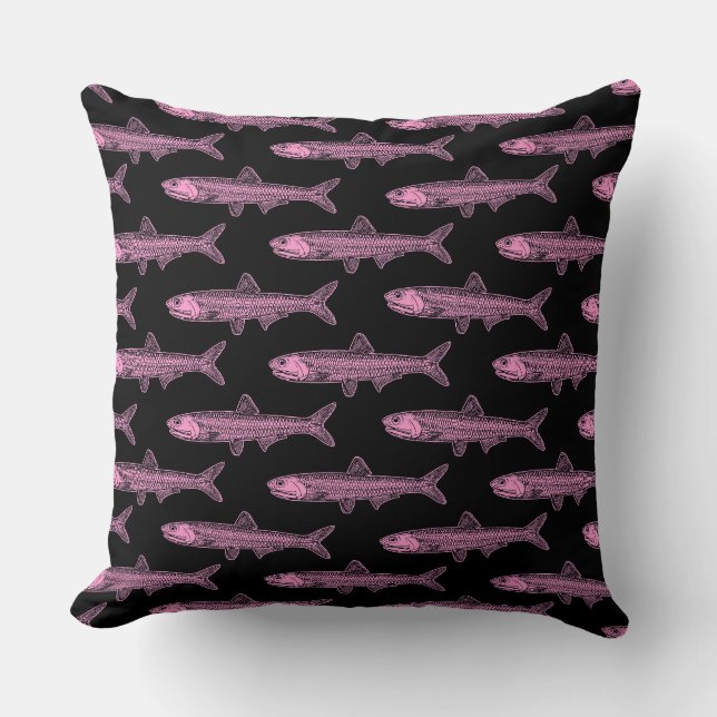 Anchovy Pattern - Pink and Black Throw Pillow (Front)