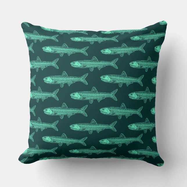 Anchovy Pattern - Turquoise and Dark Green Throw Pillow (Front)