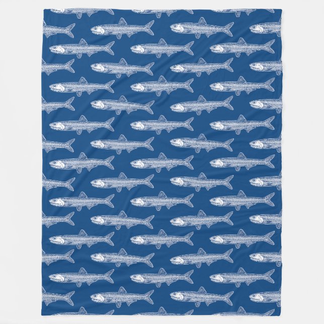Anchovy Pattern - White and Shibori Blue Fleece Blanket (Front)