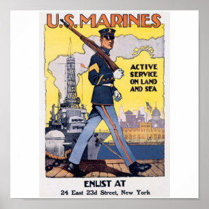 Ancien Marines américain Poster vers 1917