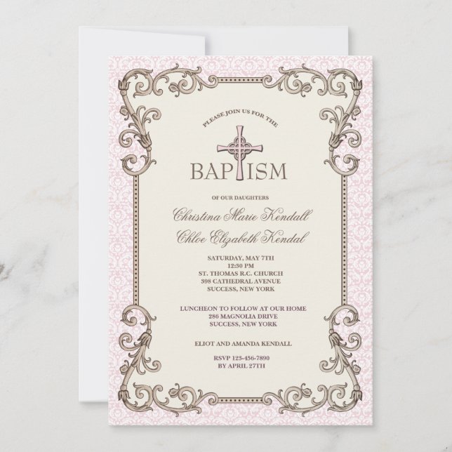 Ancien Monde Pink Baptism Twins Invitation (Devant)