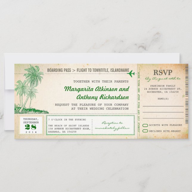 Ancienne carte d'embarquement mariage invite avec  (Devant)