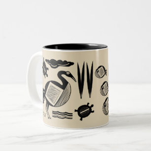 Ancient Bird, turtle, grass, water inked cream Two-Tone Coffee Mug