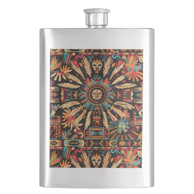 Ancient Blue "Aztec Dream" Engraved Flask (Front)