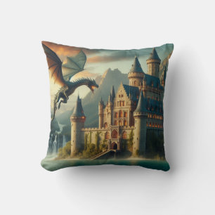 Ancient Castle Under Attack from a Flying Dragon Throw Pillow