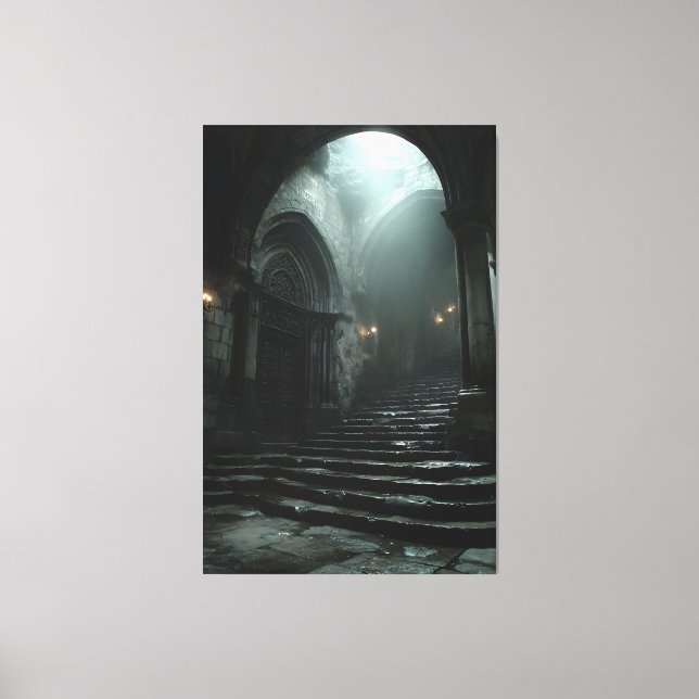 Ancient Cathedral Stairway Mist Light Canvas Print (Front)