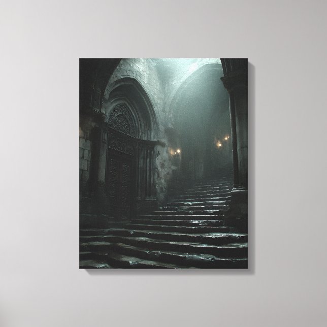 Ancient Cathedral Stairway Mist Light Canvas Print (Front)