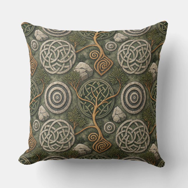 Ancient Celtic Knot & Stone Scottish Pattern Art Throw Pillow (Front)