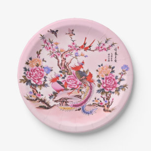 Ancient Chinese Floral Birds Pink Chinoiserie  Paper Plate