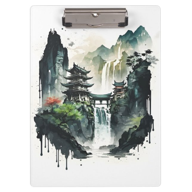 Ancient Chinese Ink Landscape with Waterfall Clipboard (Front)