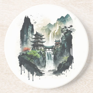 Ancient Chinese Ink Landscape with Waterfall Coaster