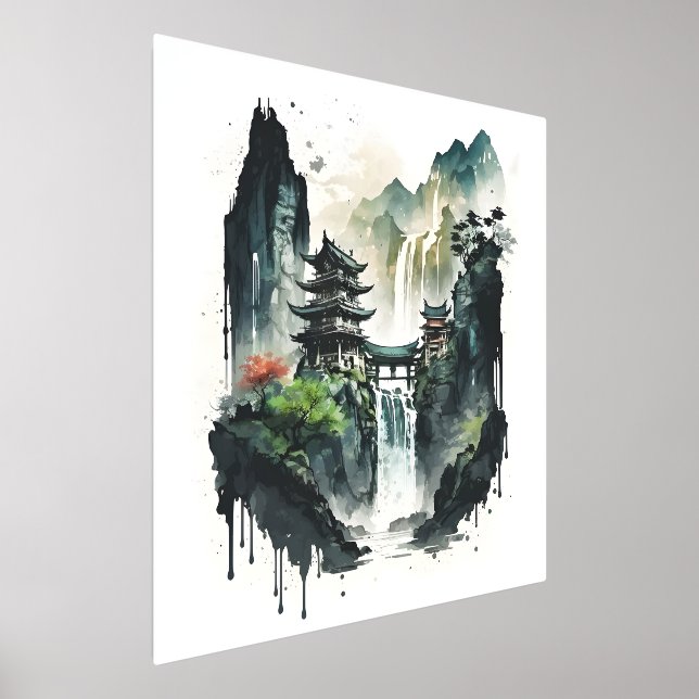 Ancient Chinese Ink Landscape with Waterfall Foil Prints (Laydown)