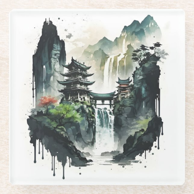 Ancient Chinese Ink Landscape with Waterfall Glass Coaster (Front)