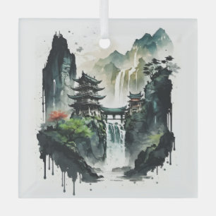 Ancient Chinese Ink Landscape with Waterfall Glass Ornament