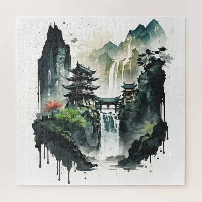 Ancient Chinese Ink Landscape with Waterfall Jigsaw Puzzle (Vertical)