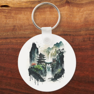 Ancient Chinese Ink Landscape with Waterfall Keychain