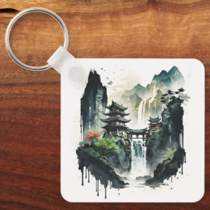 Ancient Chinese Ink Landscape with Waterfall Keychain