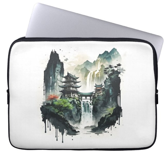 Ancient Chinese Ink Landscape with Waterfall Laptop Sleeve (Front)