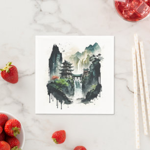 Ancient Chinese Ink Landscape with Waterfall Napkin