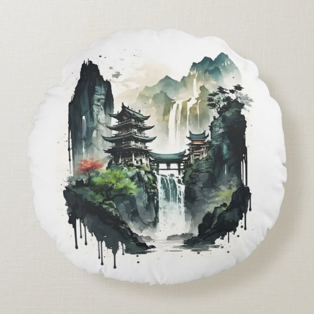 Ancient Chinese Ink Landscape with Waterfall Round Pillow (Front)