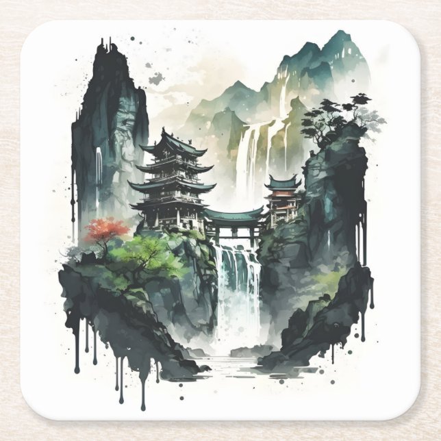 Ancient Chinese Ink Landscape with Waterfall Square Paper Coaster (Front)