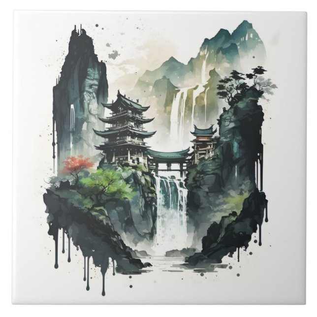 Ancient Chinese Ink Landscape with Waterfall Tile (Front)