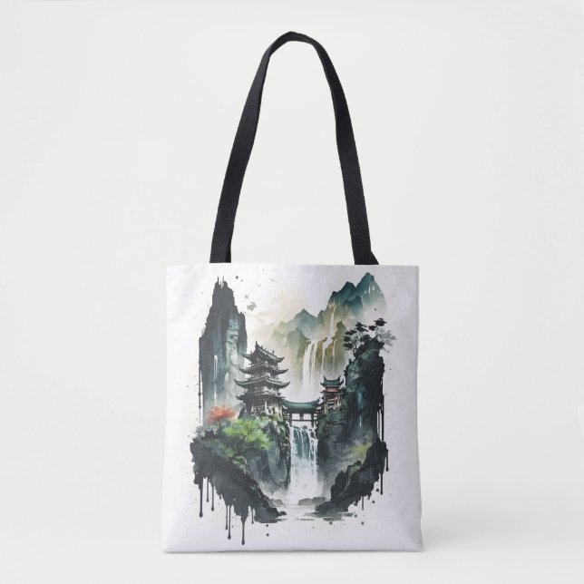 Ancient Chinese Ink Landscape with Waterfall Tote Bag (Front)
