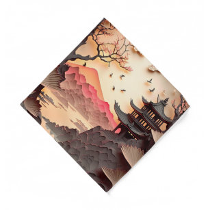 Ancient Chinese Scene Paper Cut Brown Bandana