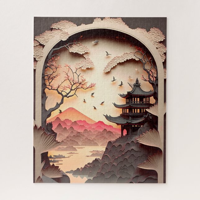 Ancient Chinese Scene Paper Cut Brown Jigsaw Puzzle (Vertical)