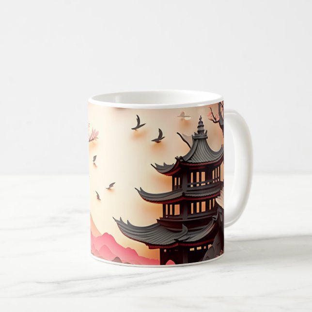 Ancient Chinese Scene Paper Cut Brown Mug (Front Right)