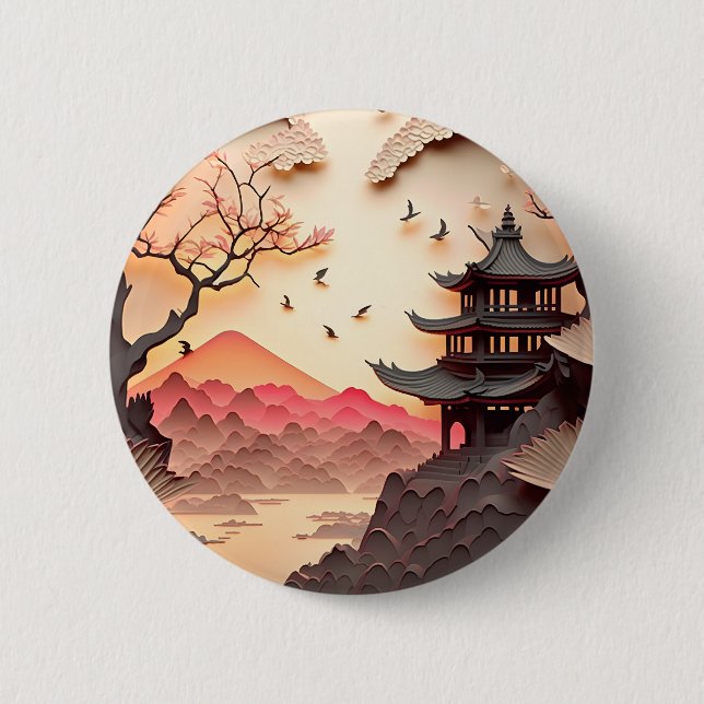 Ancient Chinese Scene Paper Cut Brown Round Button (Front)