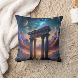 Ancient Cosmic Temple – Fantasy Galaxy Ruins Throw Pillow