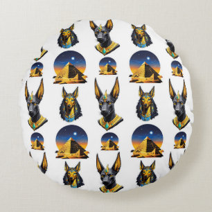 Ancient Egypt Pyramid Anubis Pattern Design  Round Pillow