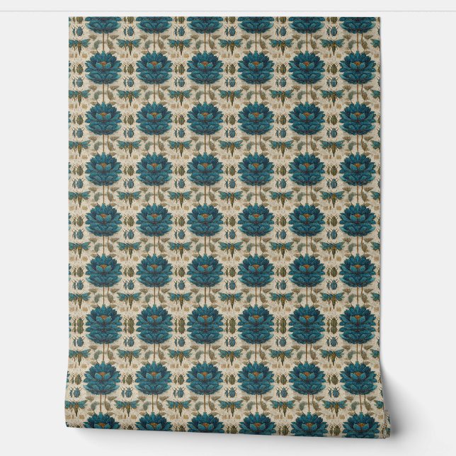 Ancient Egypt Toile de Jouy Green Floral Pattern Wallpaper (Unrolling)