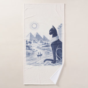 Ancient Egyptian Bastet Cat and Pyramids Blue  Bath Towel