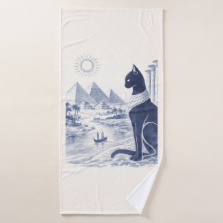 Ancient Egyptian Bastet Cat and Pyramids Blue Bath Towel