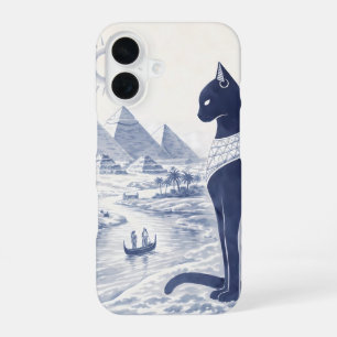 Ancient Egyptian Bastet Cat and Pyramids Blue  iPhone 16 Case