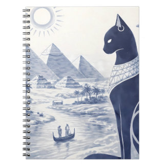 Ancient Egyptian Bastet Cat and Pyramids Blue Notebook