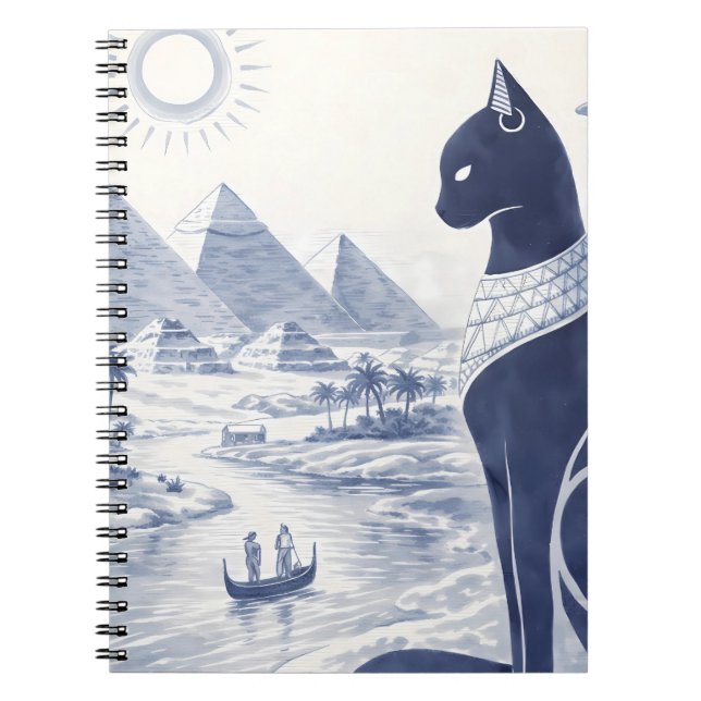Ancient Egyptian Bastet Cat and Pyramids Blue  Notebook (Front)