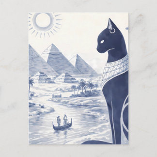 Ancient Egyptian Bastet Cat and Pyramids Blue Postcard