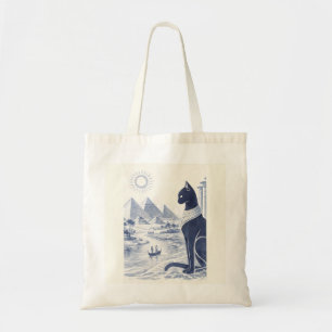 Ancient Egyptian Bastet Cat and Pyramids Blue  Tote Bag