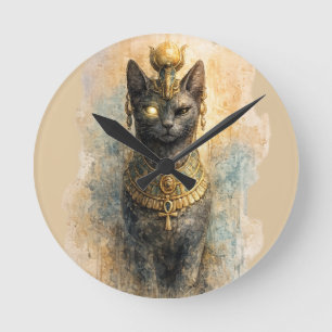 Ancient Egyptian Bastet Cat Goddess Watercolor Art Round Clock