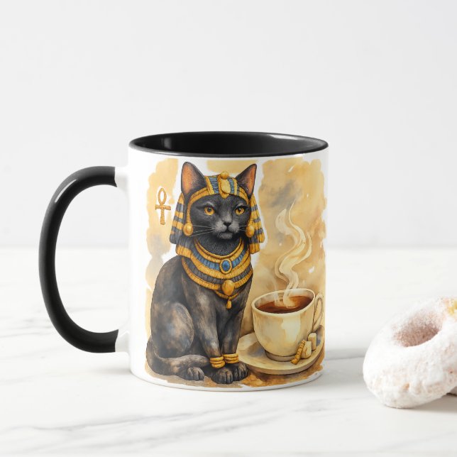 Ancient Egyptian Cat Mystical Bastet Art Mug (With Donut)