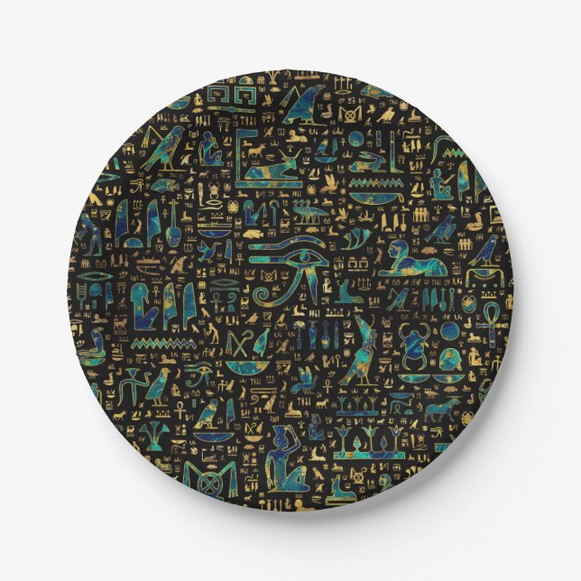 Ancient Egyptian hieroglyphics Marble and Gold Paper Plate (Front)